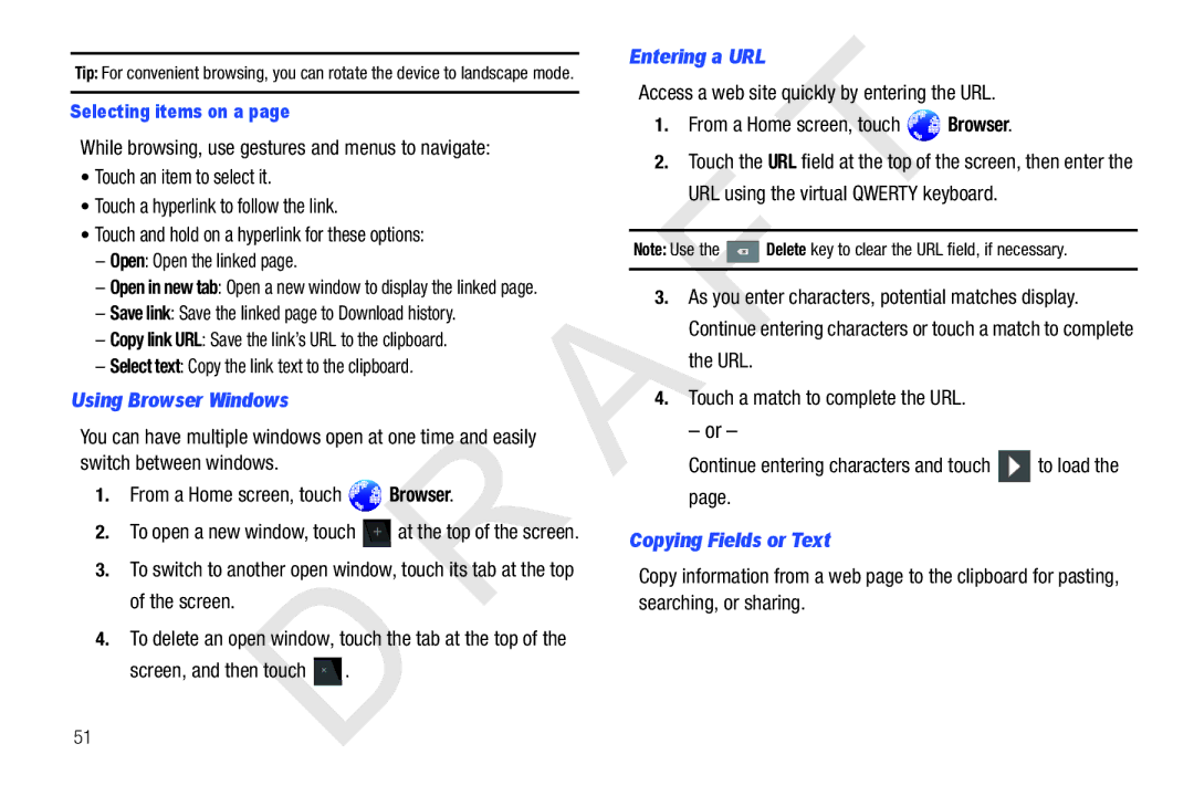 Samsung 10.1 Using Browser Windows, Screen, and then touch, Entering a URL, Copying Fields or Text, Selecting items on a 