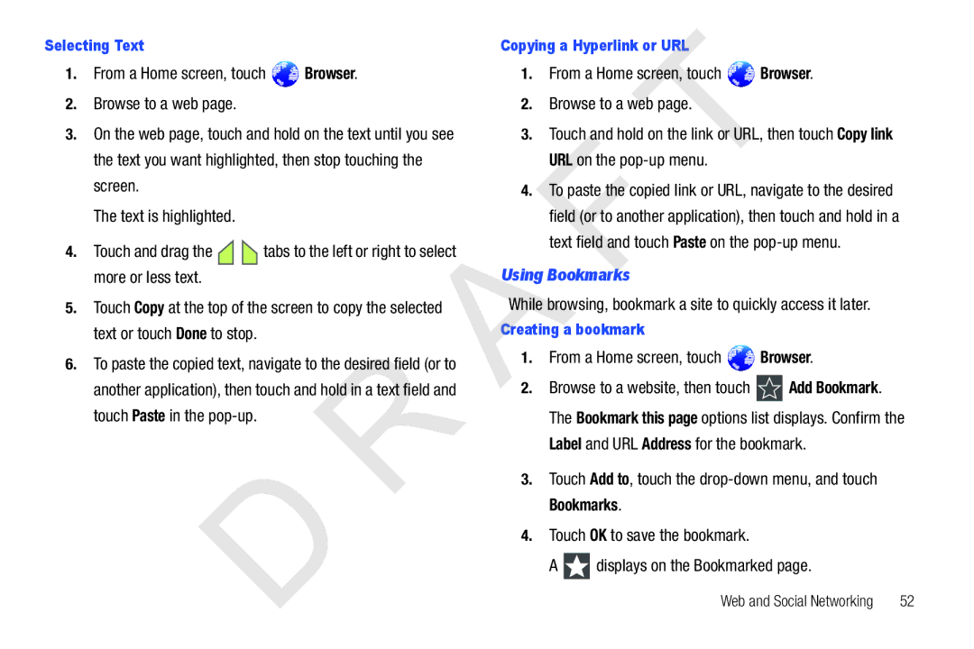 Samsung 10.1 user manual Using Bookmarks, While browsing, bookmark a site to quickly access it later, Selecting Text 