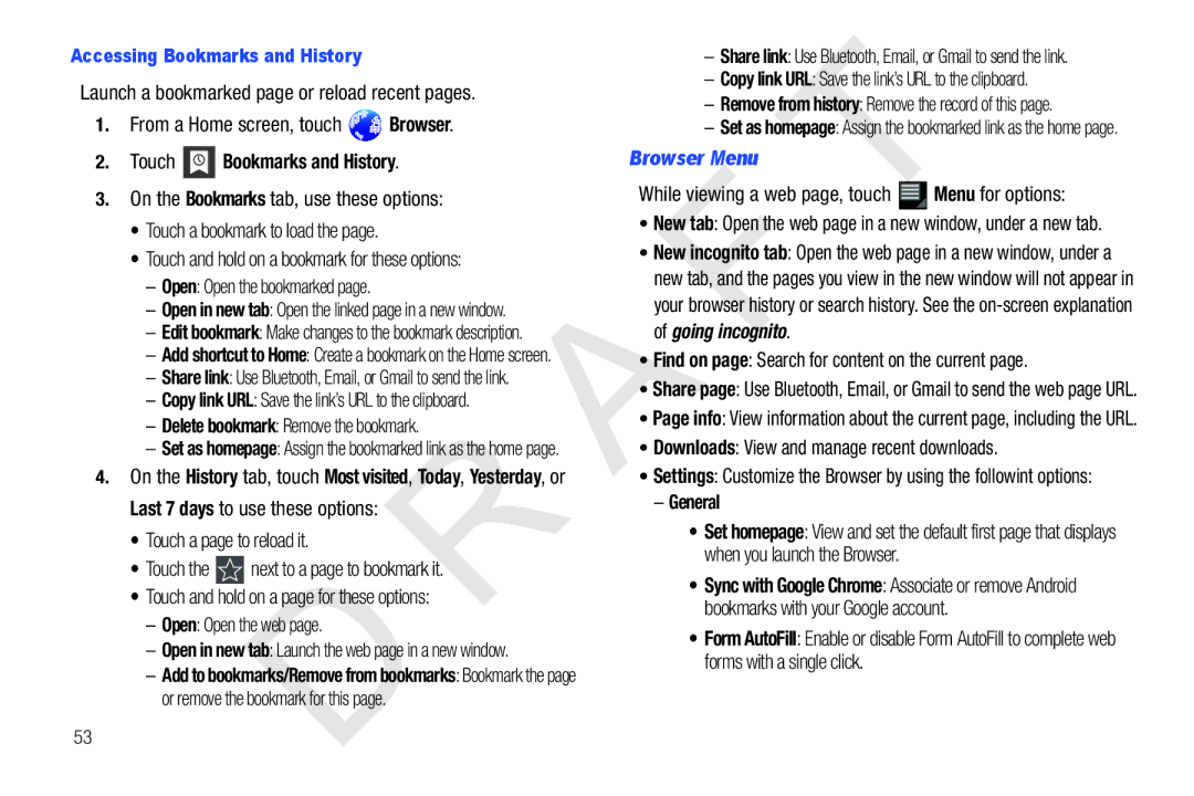 Samsung 10.1 user manual Touch Bookmarks and History, Browser Menu, General 