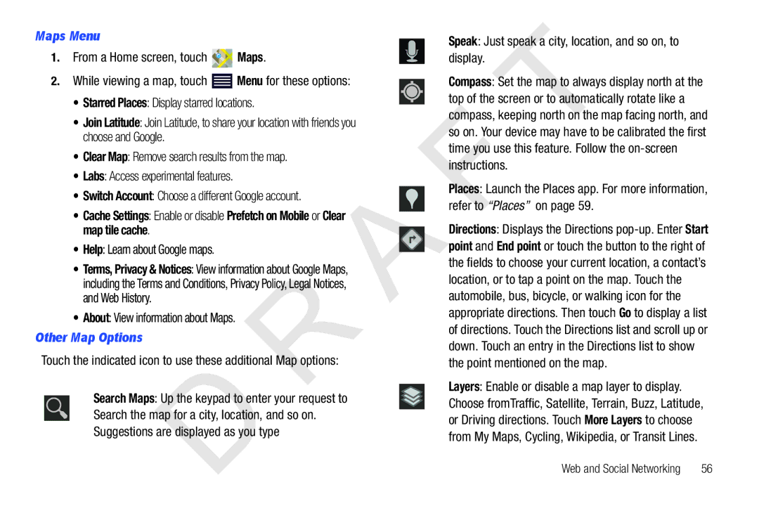 Samsung 10.1 user manual Maps Menu, Help Learn about Google maps, About View information about Maps, Other Map Options 