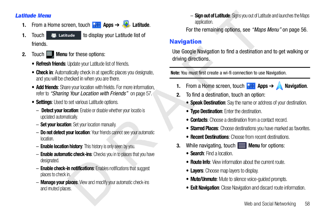 Samsung 10.1 user manual Navigation, Latitude Menu 