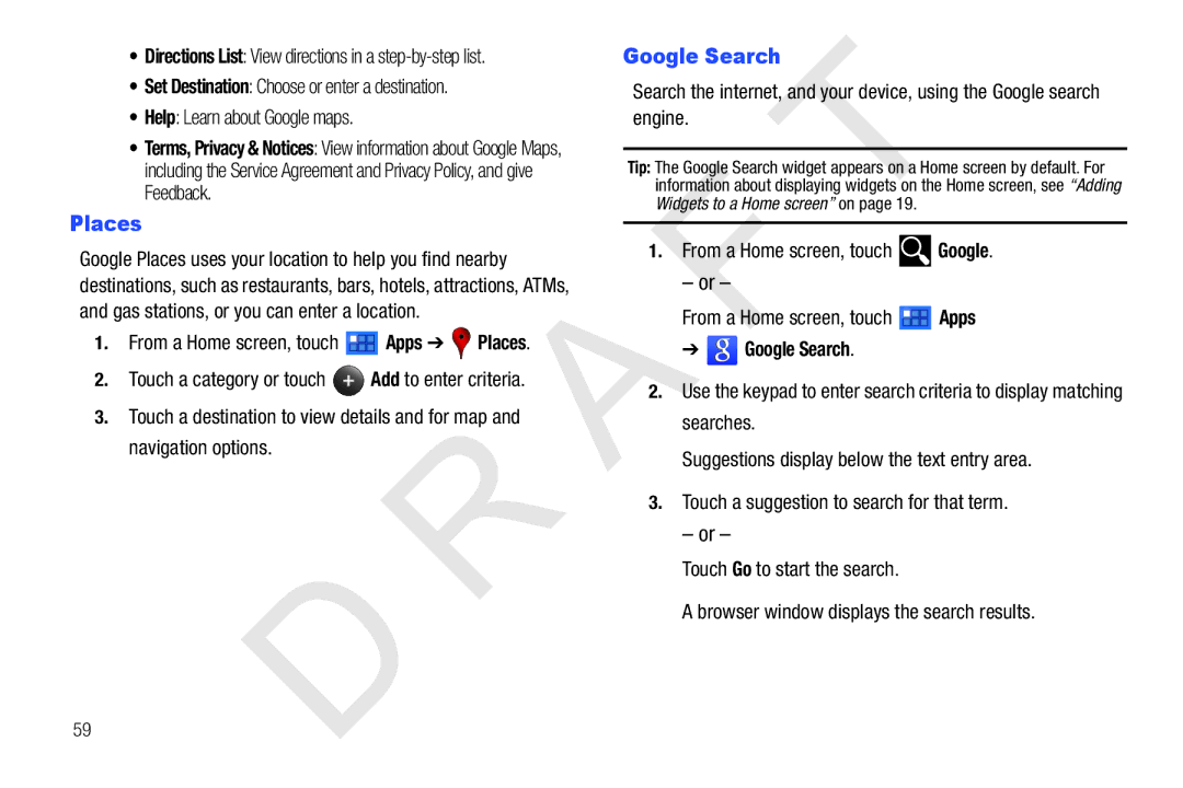 Samsung 10.1 user manual Places, Google Search, Directions List View directions in a step-by-step list 