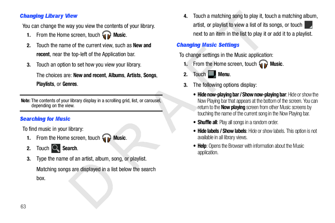 Samsung 10.1 user manual Changing Library View, Touch an option to set how you view your library, Searching for Music 