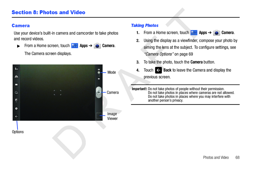 Samsung 10.1 Photos and Video, Taking Photos, Mode Camera Image Viewer Options, From a Home screen, touch Apps Camera 