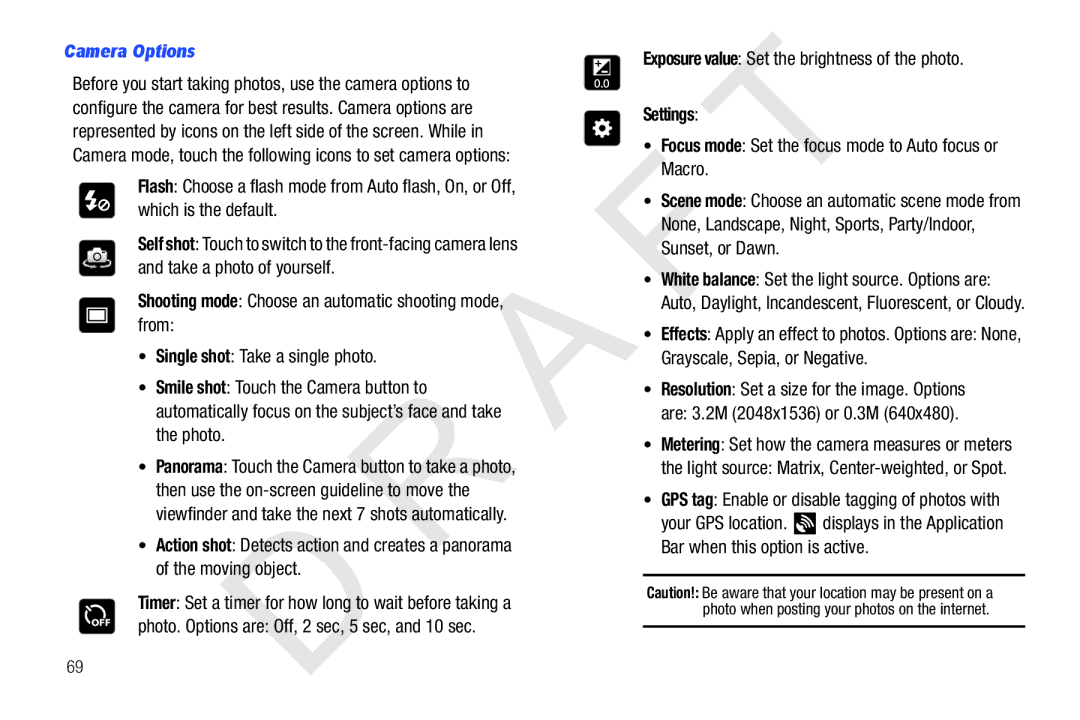 Samsung 10.1 user manual Camera Options, Settings 