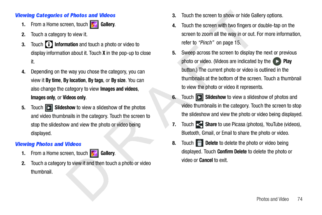 Samsung 10.1 user manual Viewing Categories of Photos and Videos, Viewing Photos and Videos, Video or Cancel to exit 