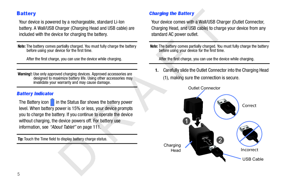 Samsung 10.1 user manual Battery Indicator, Charging the Battery 