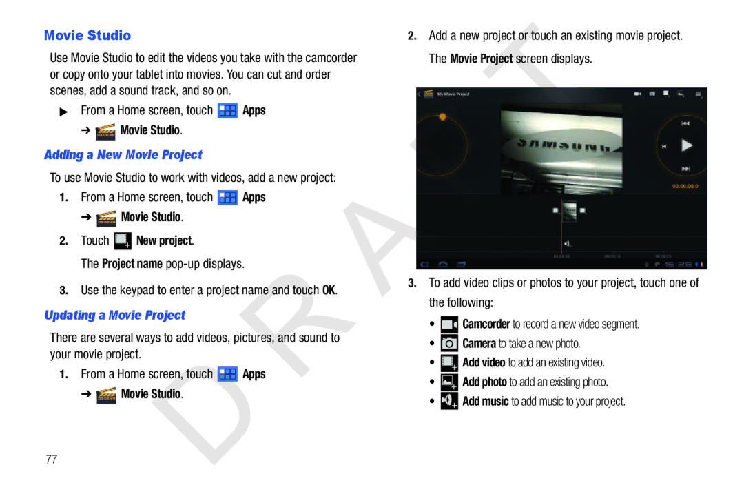 Samsung 10.1 user manual Adding a New Movie Project, Movie Studio Touch New project, Updating a Movie Project 