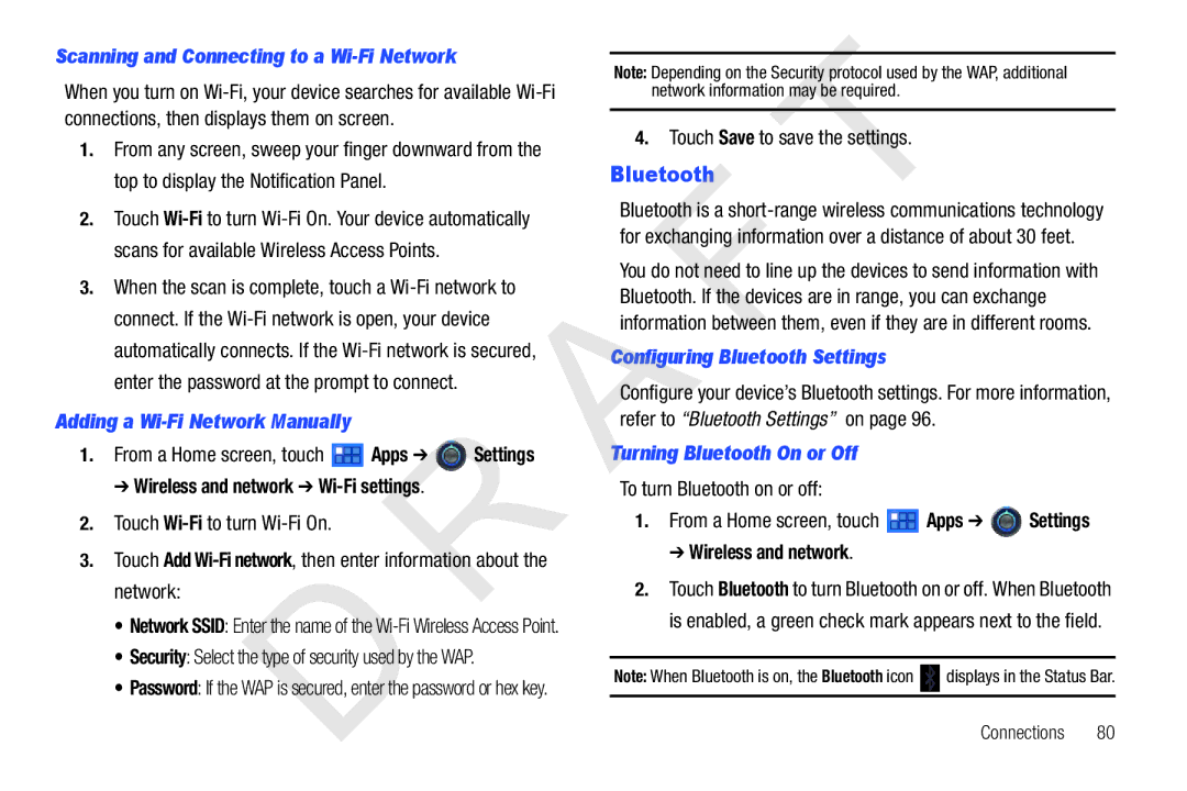 Samsung 10.1 user manual Bluetooth, Scanning and Connecting to a Wi-Fi Network, Adding a Wi-Fi Network Manually 