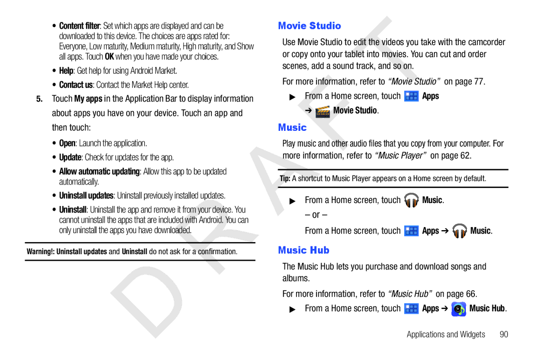 Samsung 10.1 user manual Movie Studio, Music 