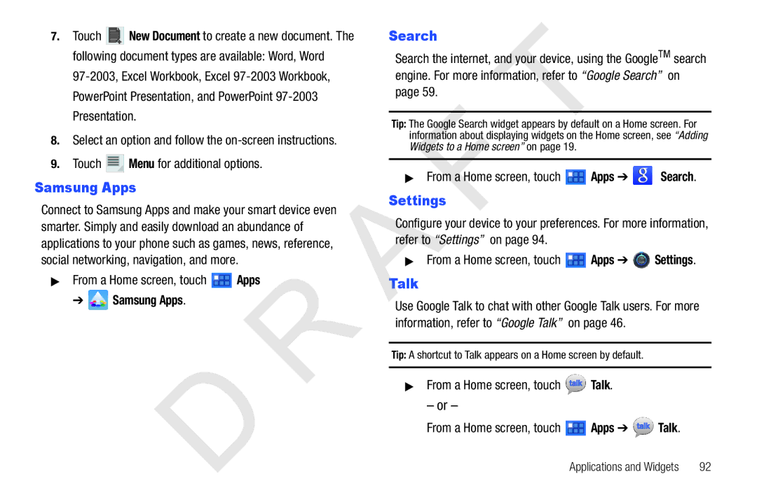 Samsung 10.1 user manual Samsung Apps, Search, Settings, Talk 