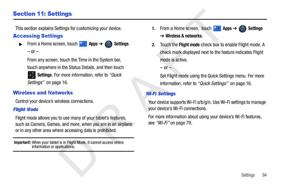 Samsung 10.1 user manual Accessing Settings, Wireless and Networks, Flight Mode, Wi-Fi Settings 