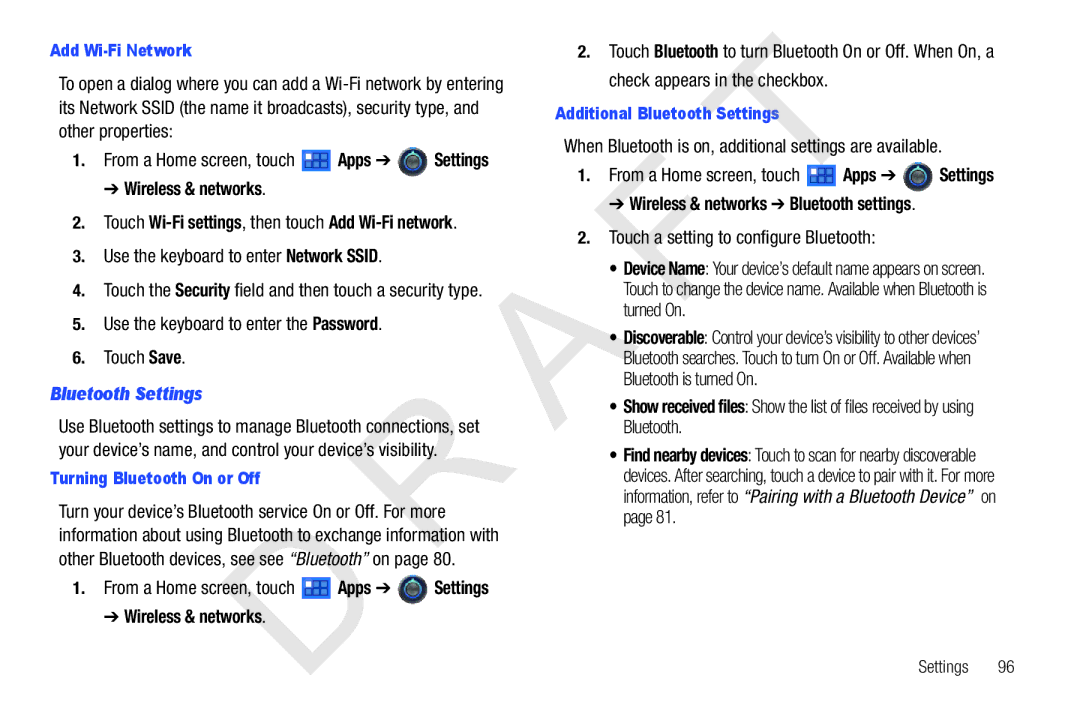 Samsung 10.1 Use the keyboard to enter Network Ssid, Use the keyboard to enter the Password Touch Save, Bluetooth Settings 