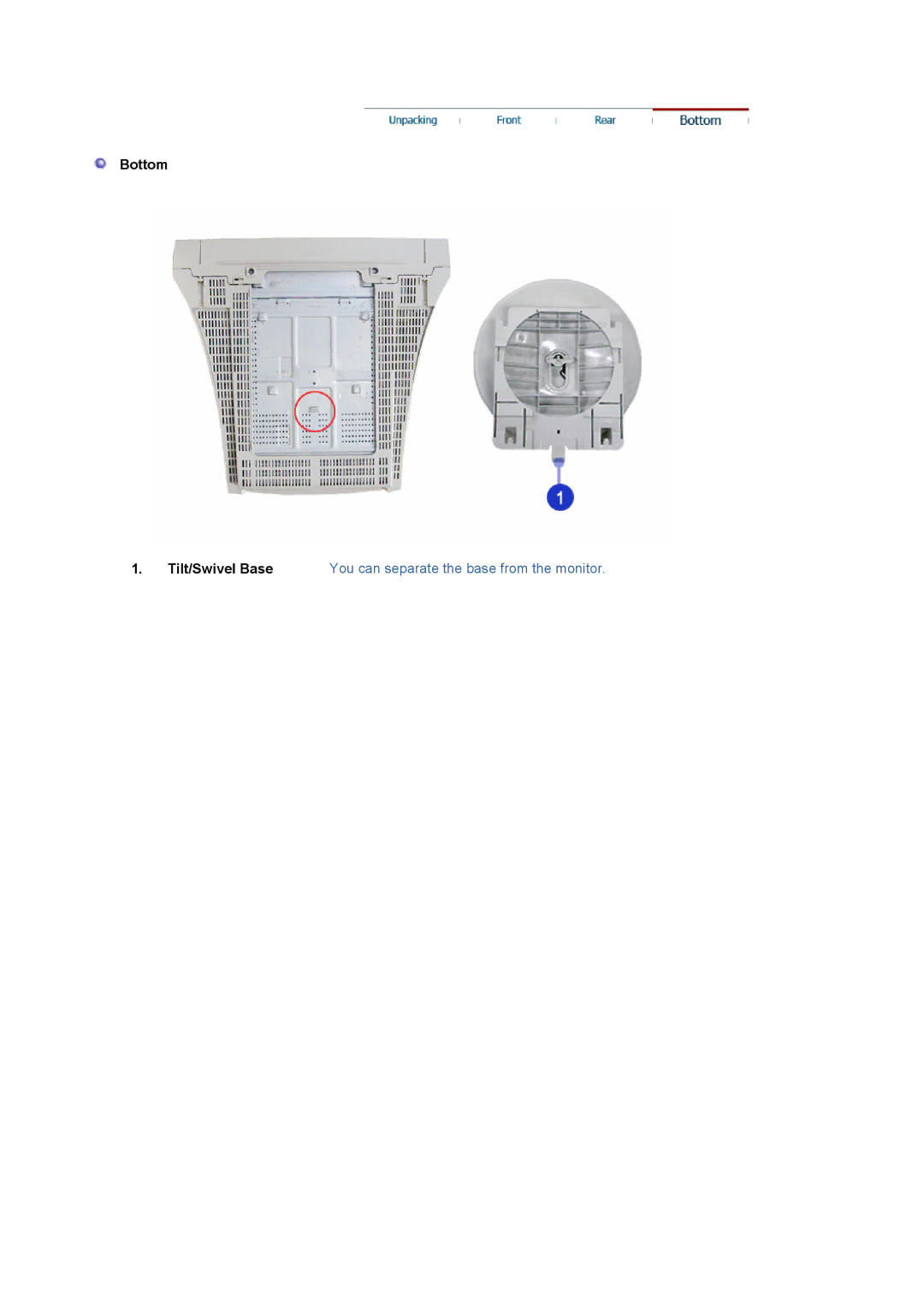 Samsung 1100MB manual Bottom Tilt/Swivel Base 