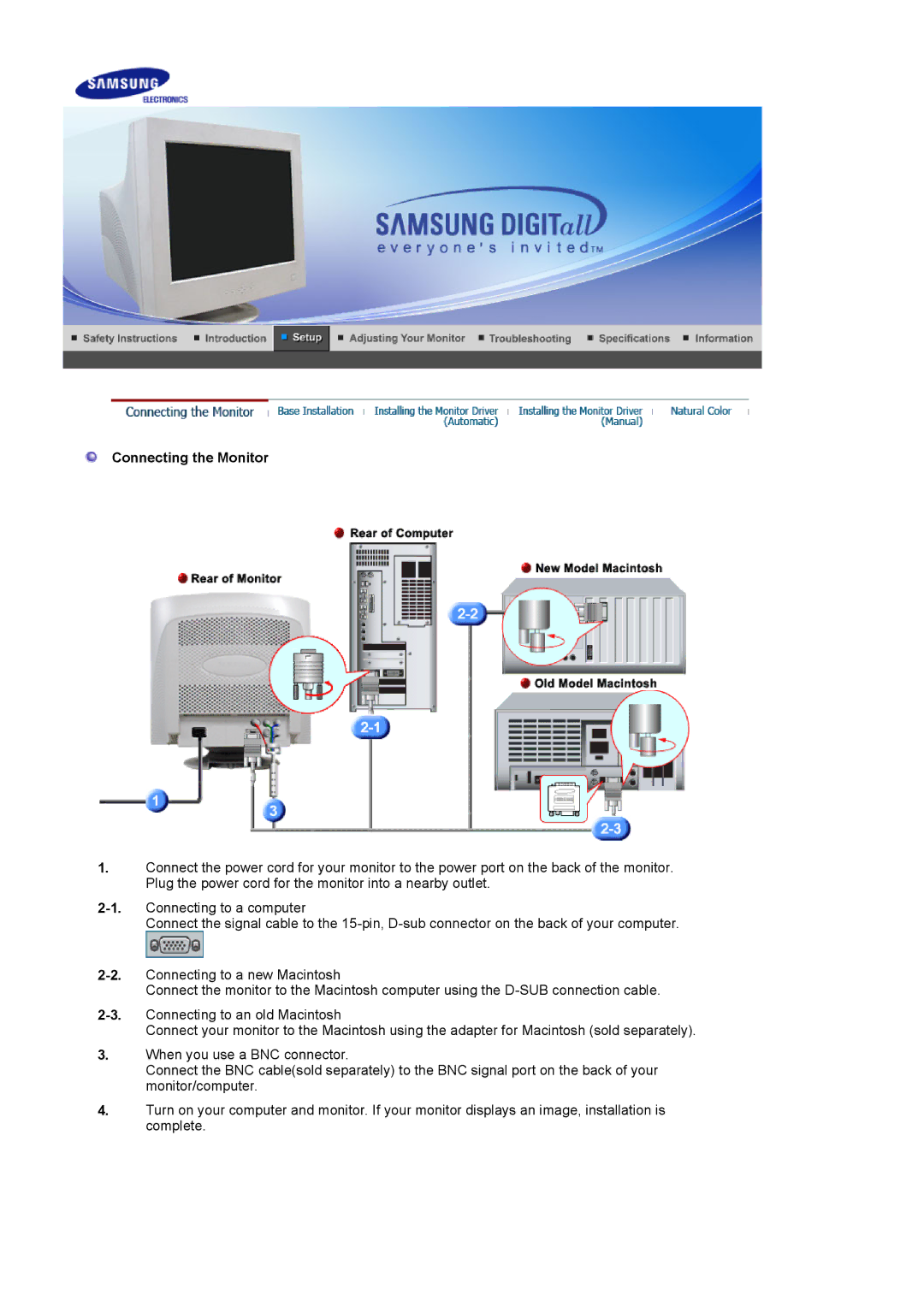 Samsung 1100MB manual Connecting the Monitor 