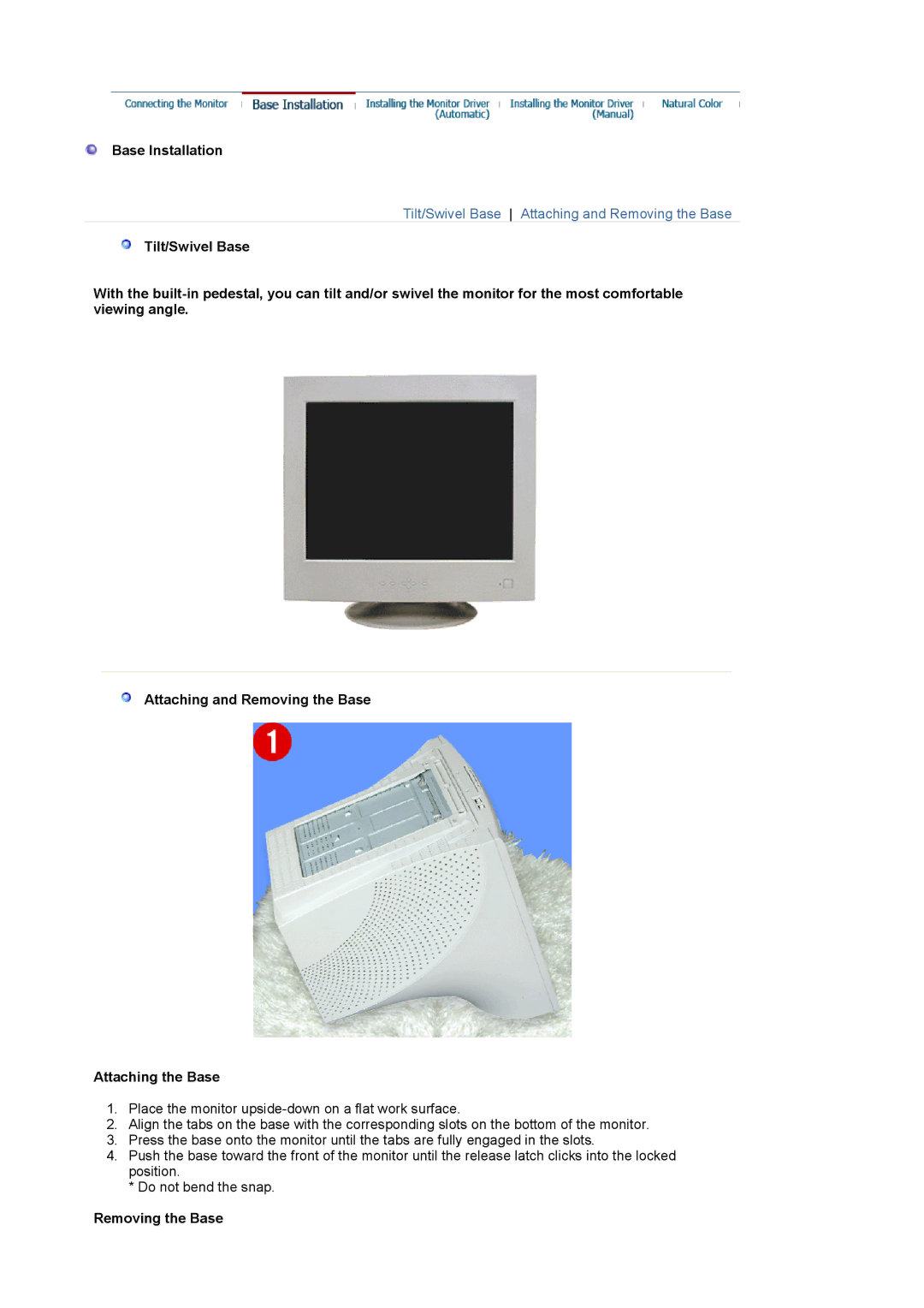 Samsung 1100MB manual Base Installation, Removing the Base 