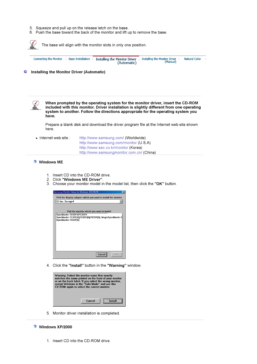 Samsung 1100MB manual Click Windows ME Driver, Windows XP/2000 