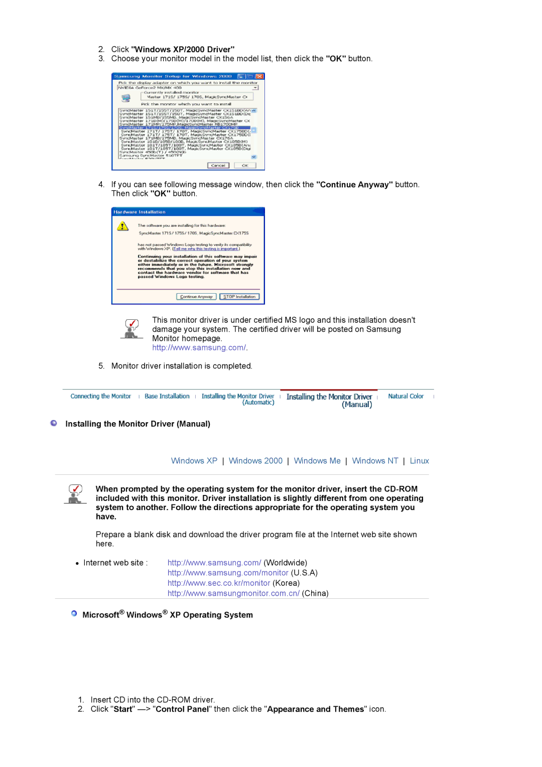 Samsung 1100MB Click Windows XP/2000 Driver, Installing the Monitor Driver Manual, Microsoft Windows XP Operating System 