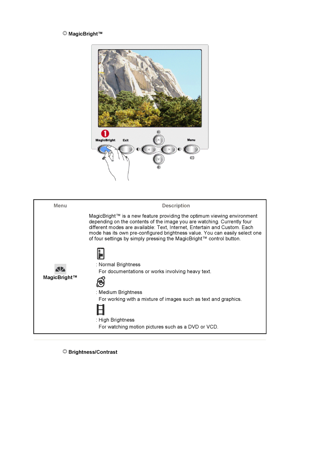 Samsung 1100MB manual MagicBright, Brightness/Contrast 