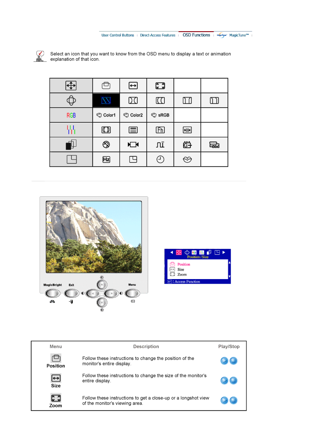 Samsung 1100MB manual Position Size Zoom, DescriptionPlay/Stop 