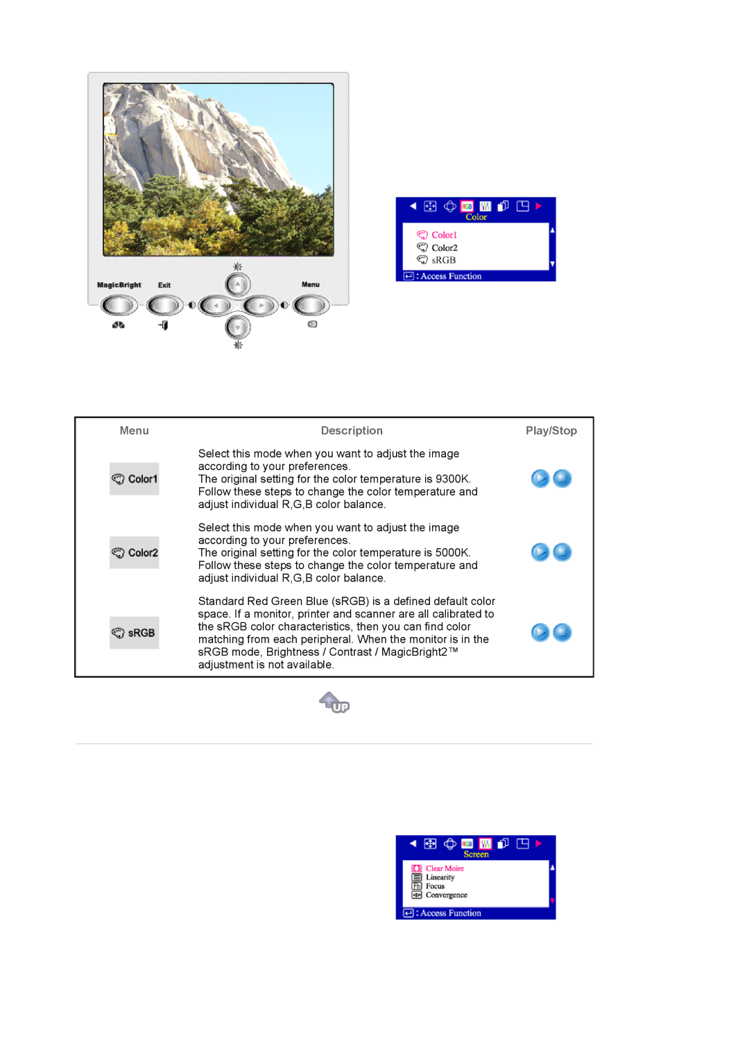 Samsung 1100MB manual Menu Description Play/Stop 