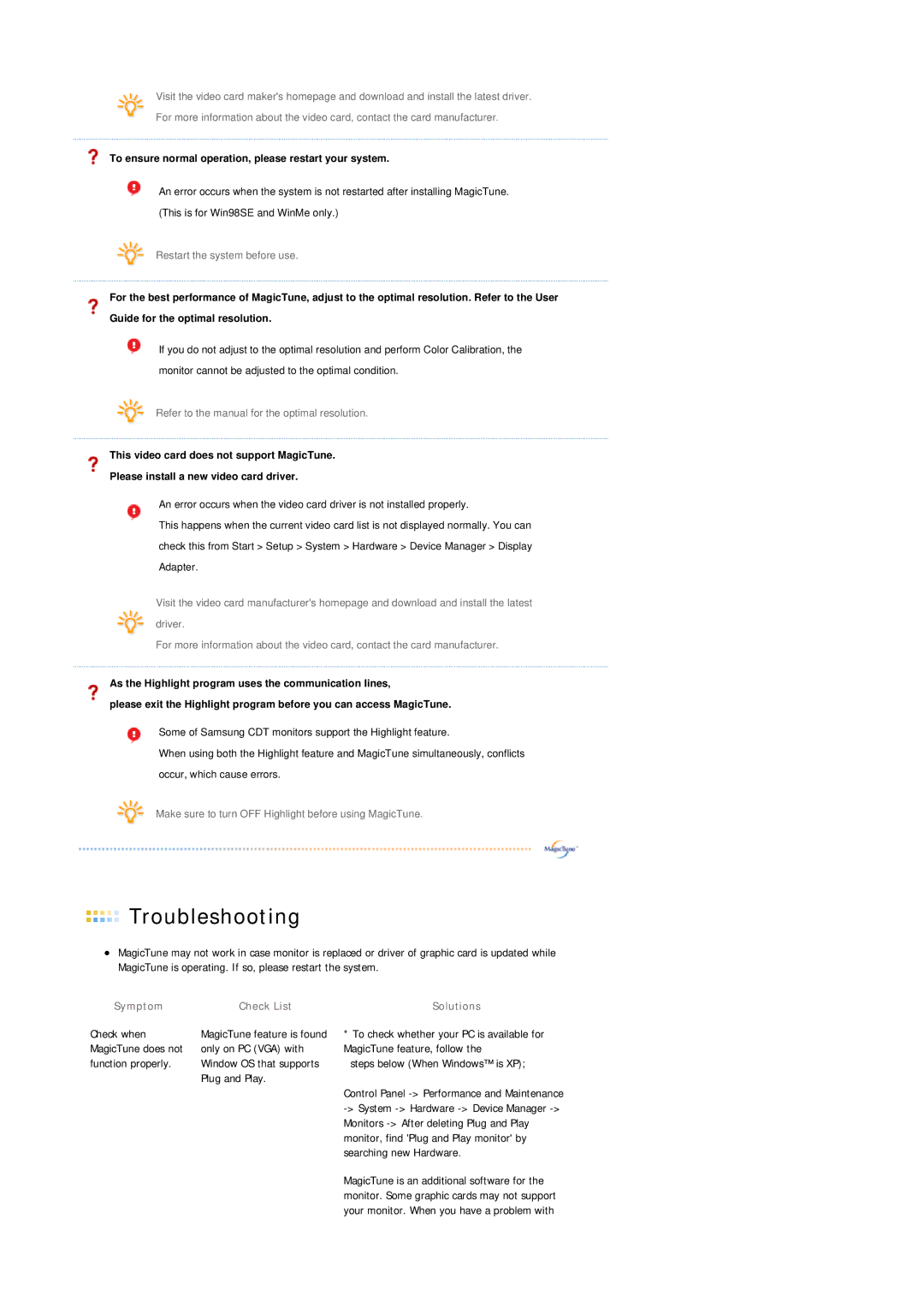 Samsung 1100MB manual Symptom Check List 