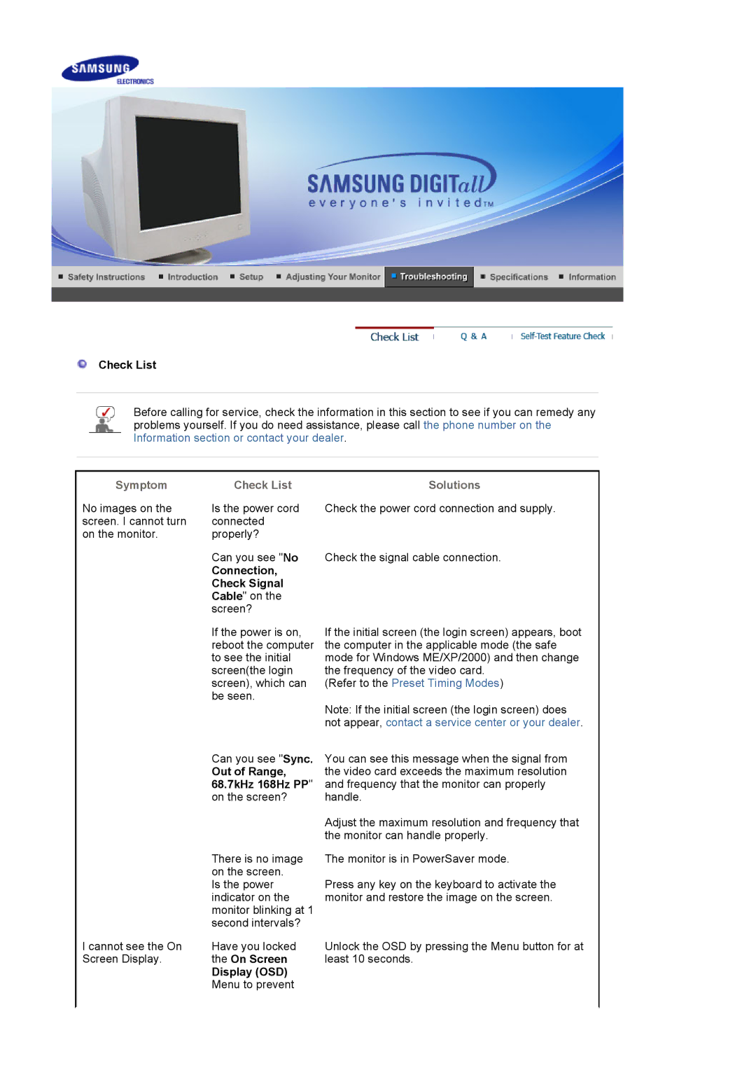 Samsung 1100MB Check List, Connection, Check Signal Cable on the screen?, Out of Range, 68.7kHz 168Hz PP on the screen? 