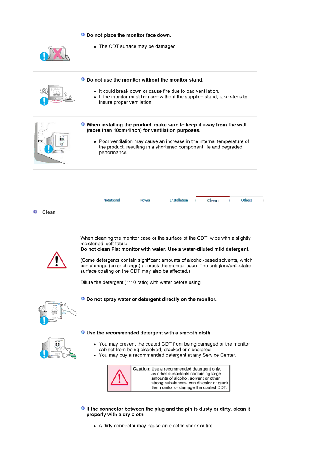 Samsung 1100MB manual Do not place the monitor face down, Do not use the monitor without the monitor stand 