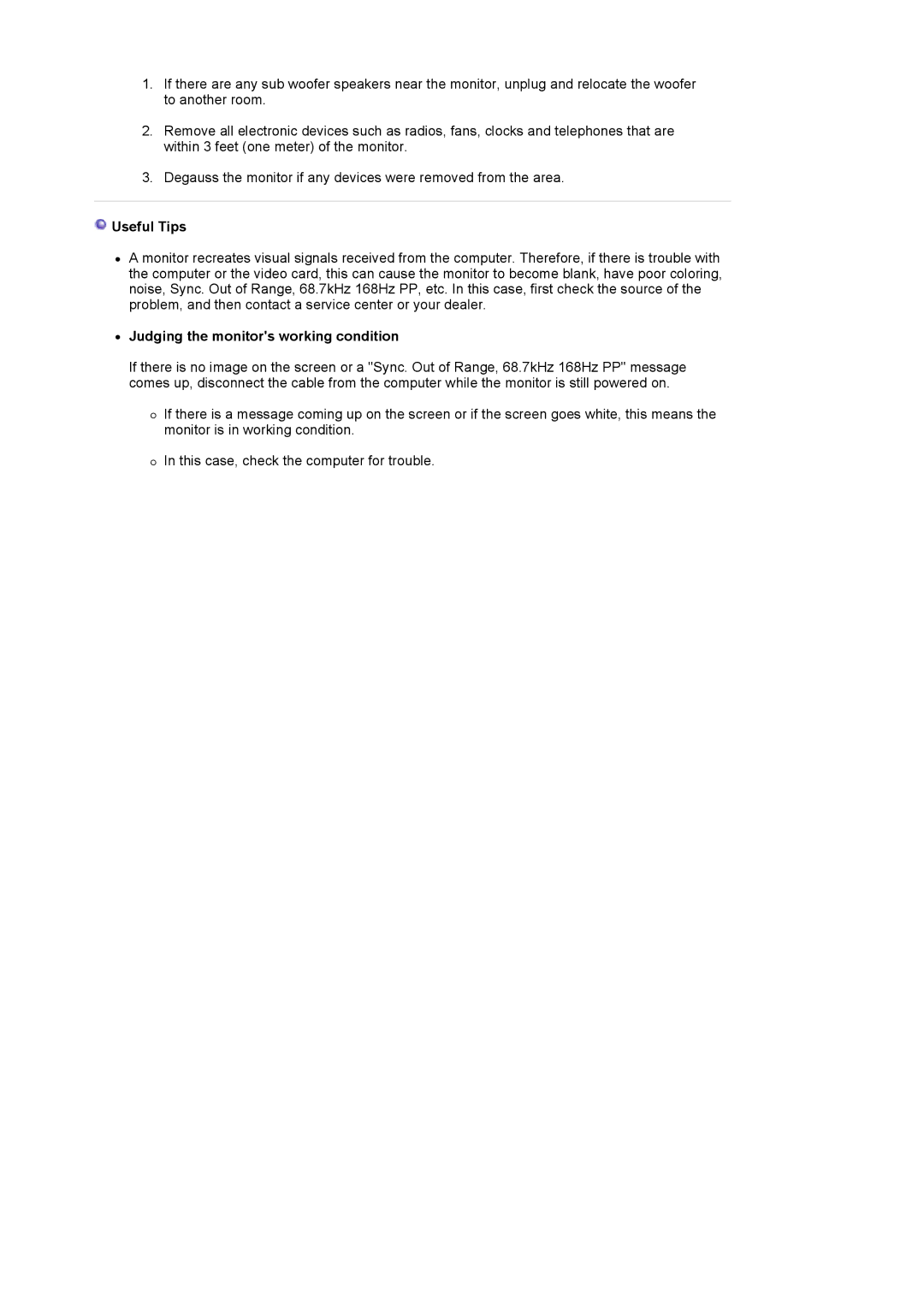 Samsung 1100MB manual Useful Tips, Judging the monitors working condition 