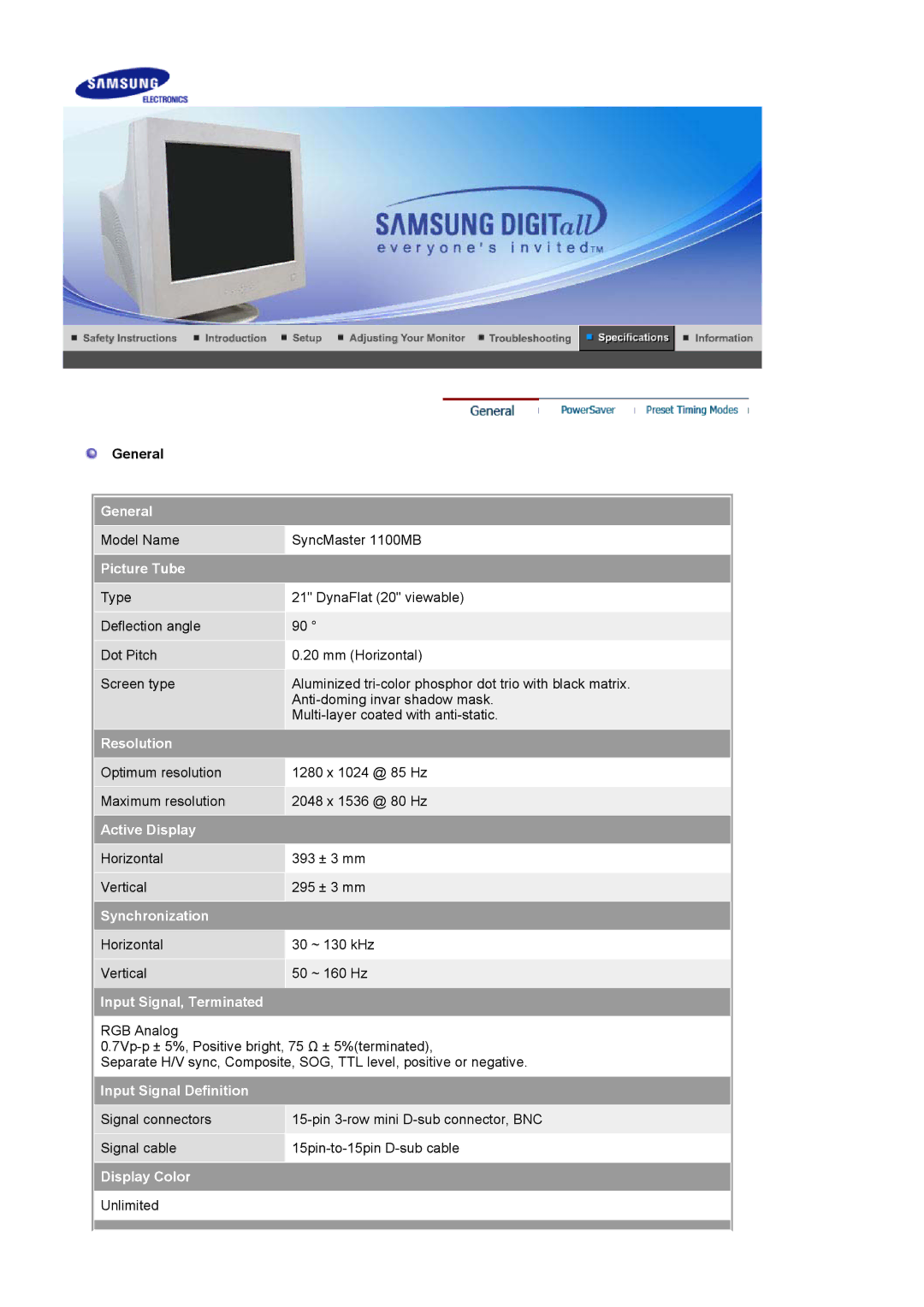 Samsung 1100MB manual General, Picture Tube 