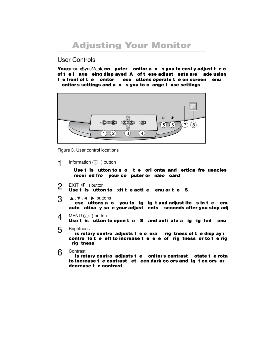 Samsung 1100PPLUS manual Adjusting Your Monitor, User Controls, Information i button 