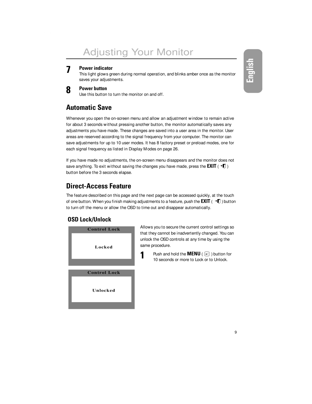 Samsung 1100PPLUS manual Automatic Save, Direct-Access Feature, OSD Lock/Unlock 