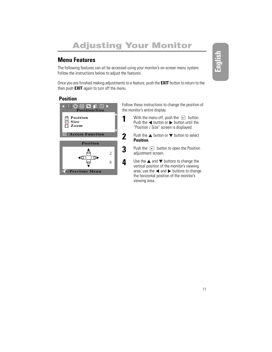 Samsung 1100PPLUS manual Menu Features, Position 