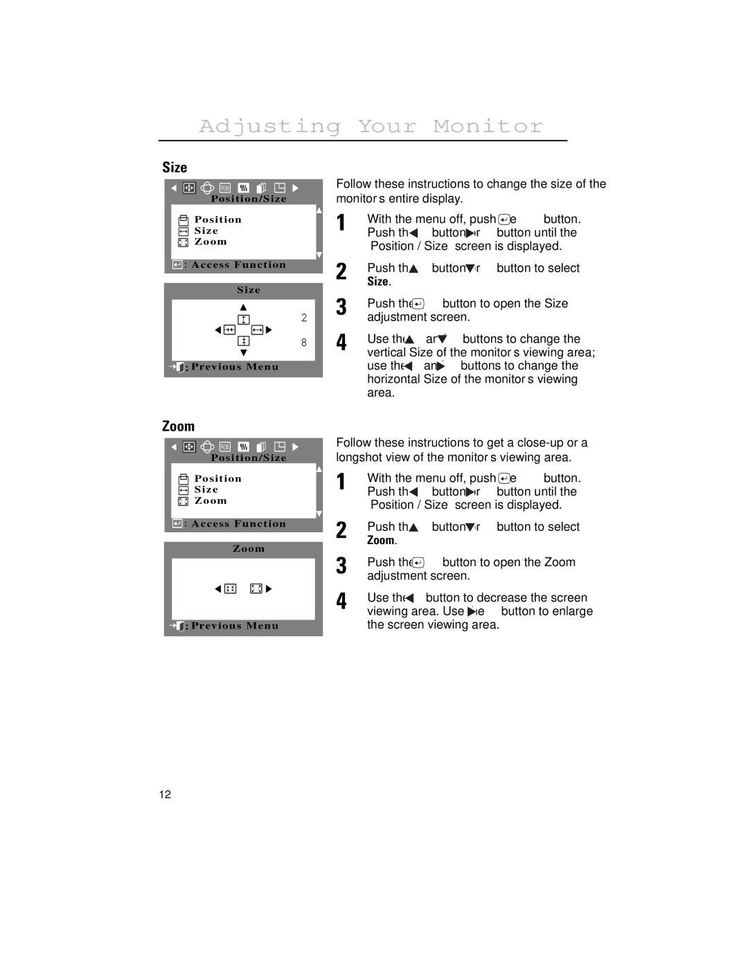 Samsung 1100PPLUS manual Size, Zoom 