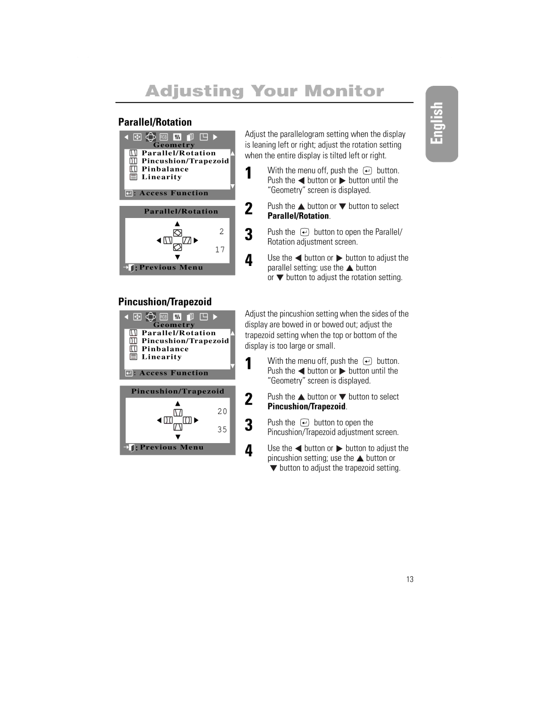 Samsung 1100PPLUS manual Parallel/Rotation, Pincushion/Trapezoid 