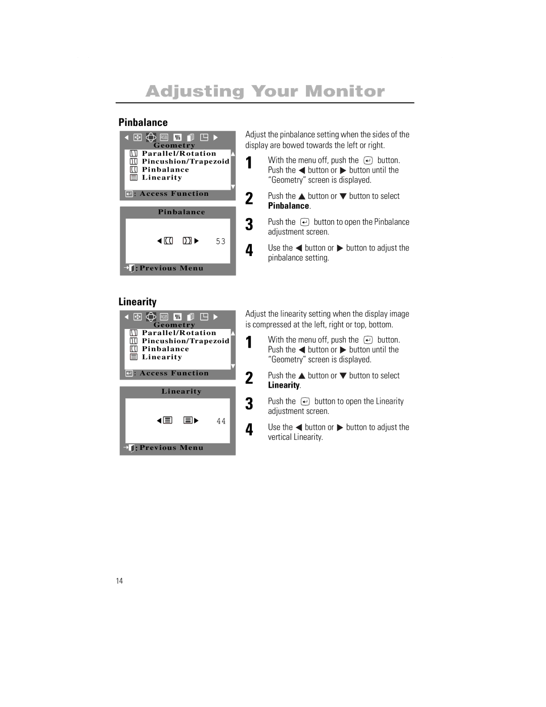 Samsung 1100PPLUS manual Pinbalance, Linearity 