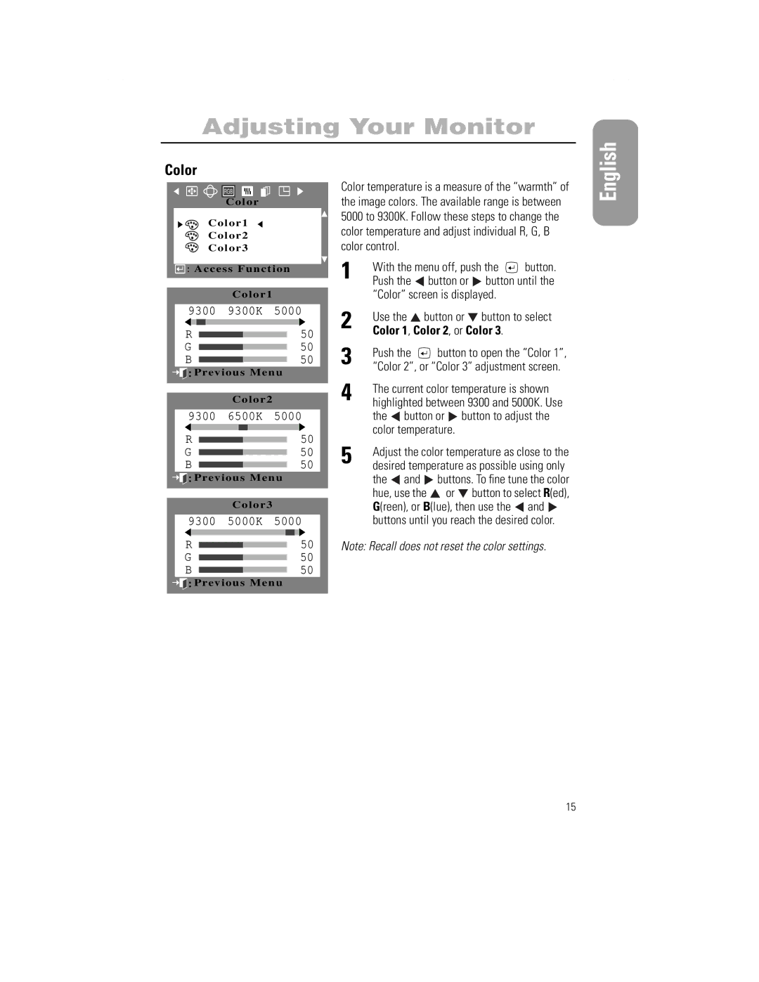 Samsung 1100PPLUS manual Color screen is displayed Use Button or, Button to adjust, Color temperature, Hue, use 