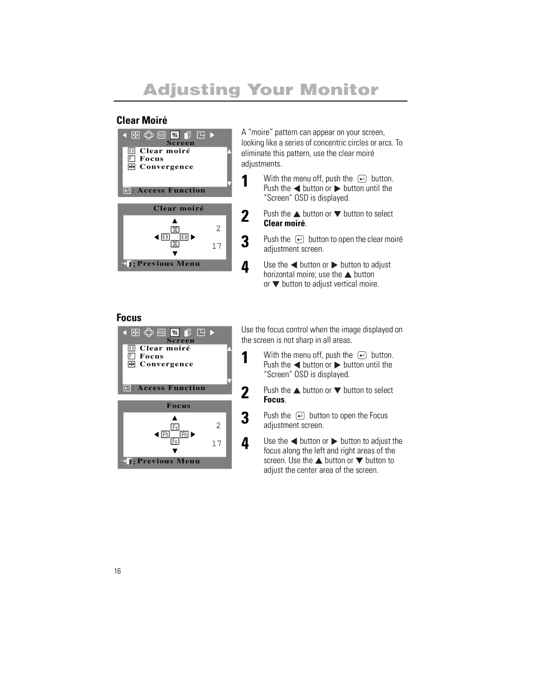 Samsung 1100PPLUS manual Clear Moiré, Focus, Clear moiré 