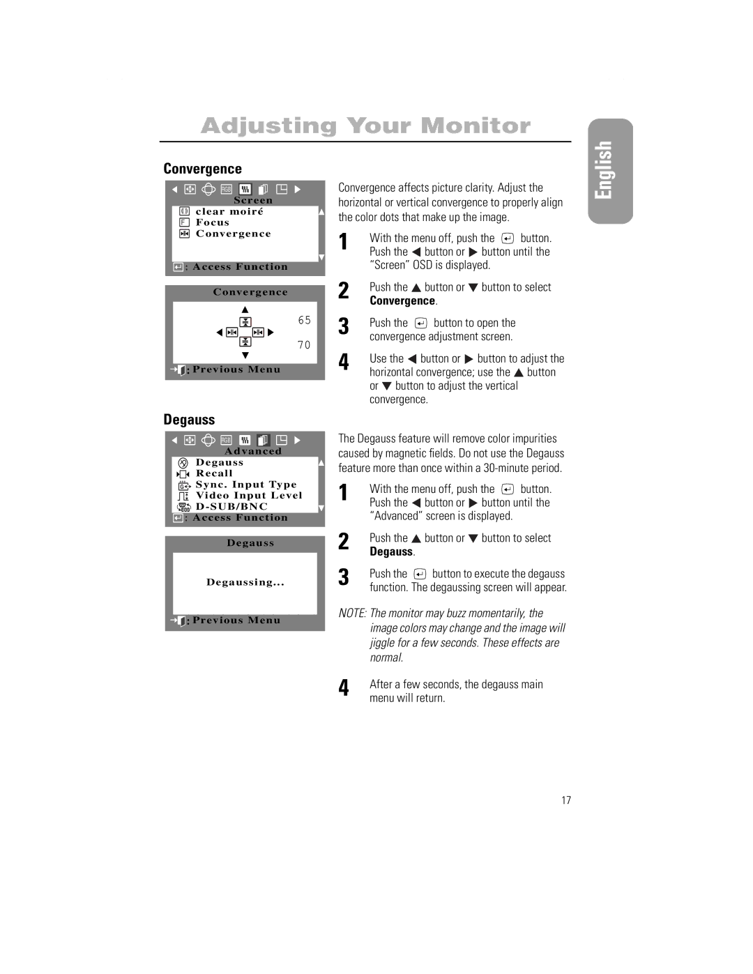 Samsung 1100PPLUS manual Convergence, Degauss 