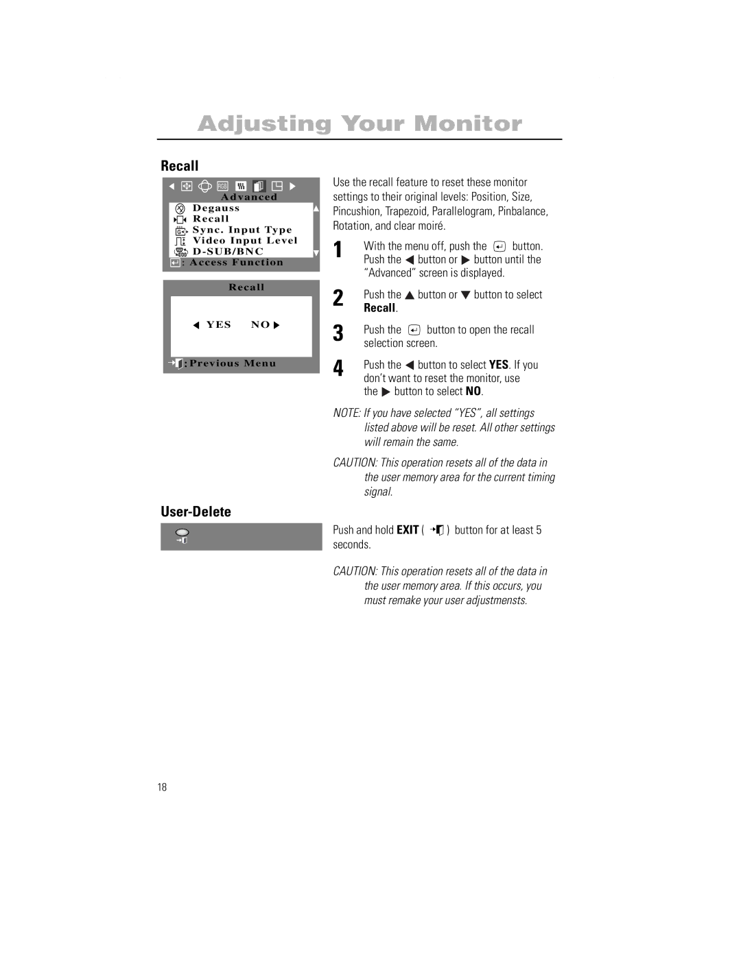 Samsung 1100PPLUS manual Recall, User-Delete, Selection screen Push 