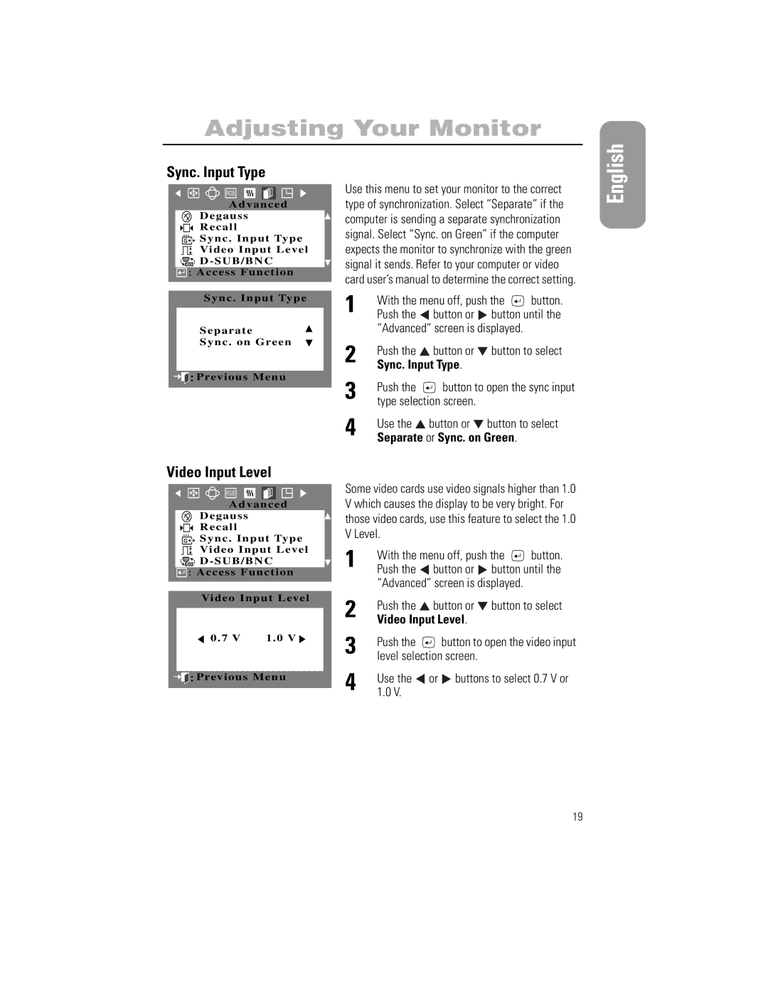 Samsung 1100PPLUS manual Sync. Input Type, Video Input Level, Use Button or Button to select 