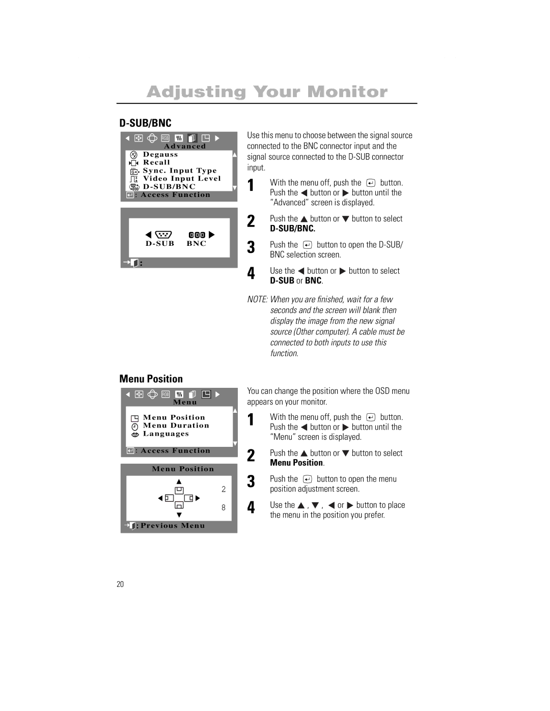 Samsung 1100PPLUS manual Menu Position, SUB or BNC, Menu screen is displayed, Position adjustment screen Use 