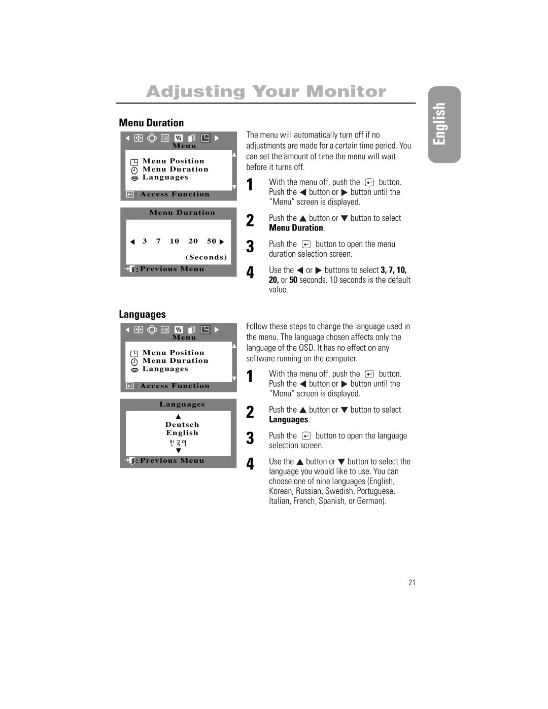 Samsung 1100PPLUS manual Menu Duration, Languages 