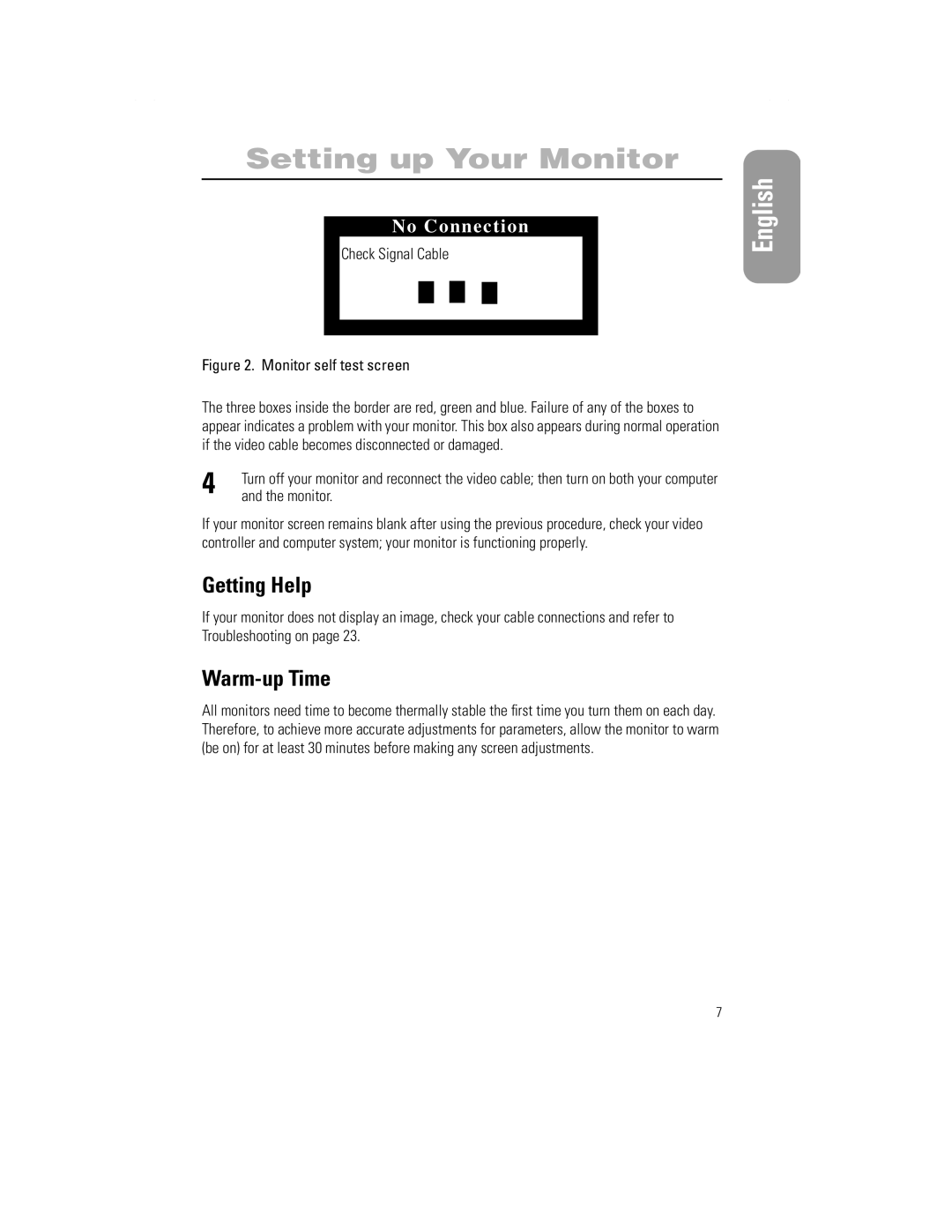 Samsung 1100PPLUS manual Getting Help, Warm-up Time, Check Signal Cable, Monitor 