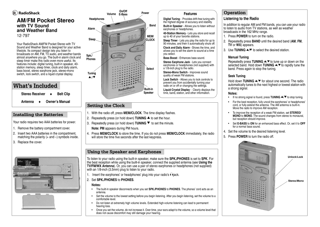 Samsung 12-797 owner manual 2SHUDWLRQ, 6HWWLQJWKH&ORFN, 8VLQJWKH6SHDNHUDQGDUSKRQHV 