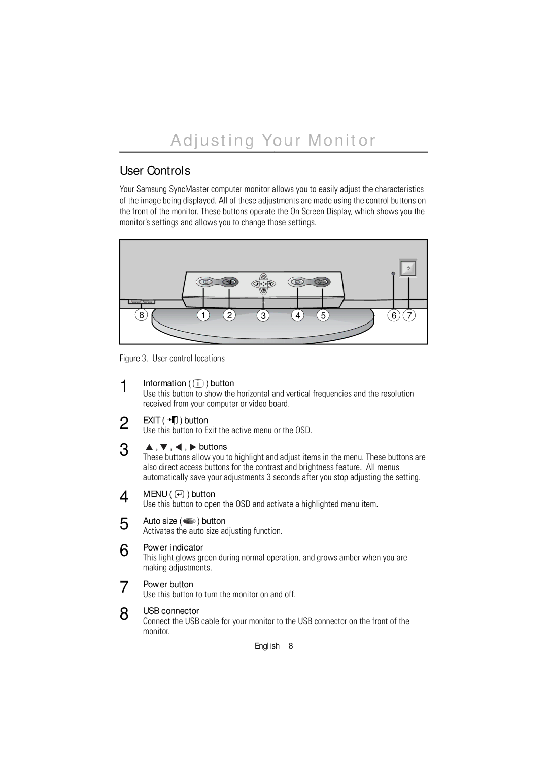 Samsung 1200NF manual Adjusting Your Monitor, User Controls 