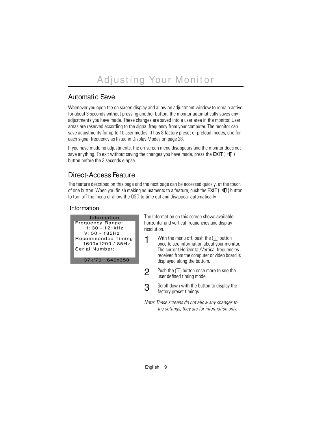 Samsung 1200NF manual Automatic Save, Direct-Access Feature, Information 