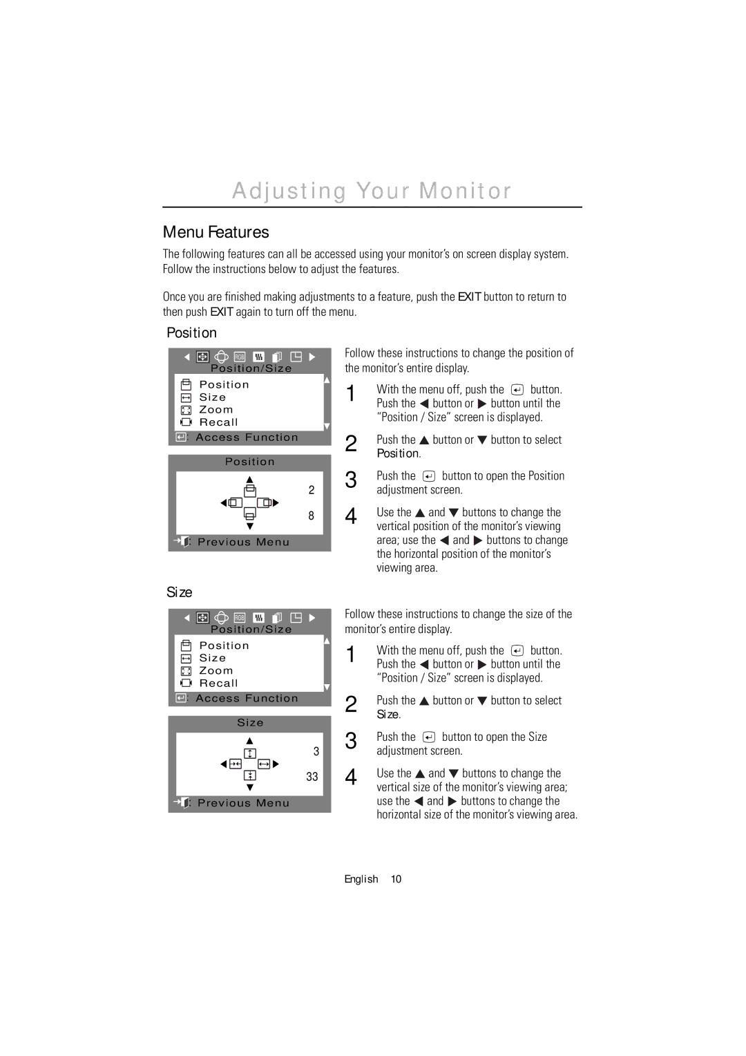 Samsung 1200NF manual Menu Features, Position, Size 