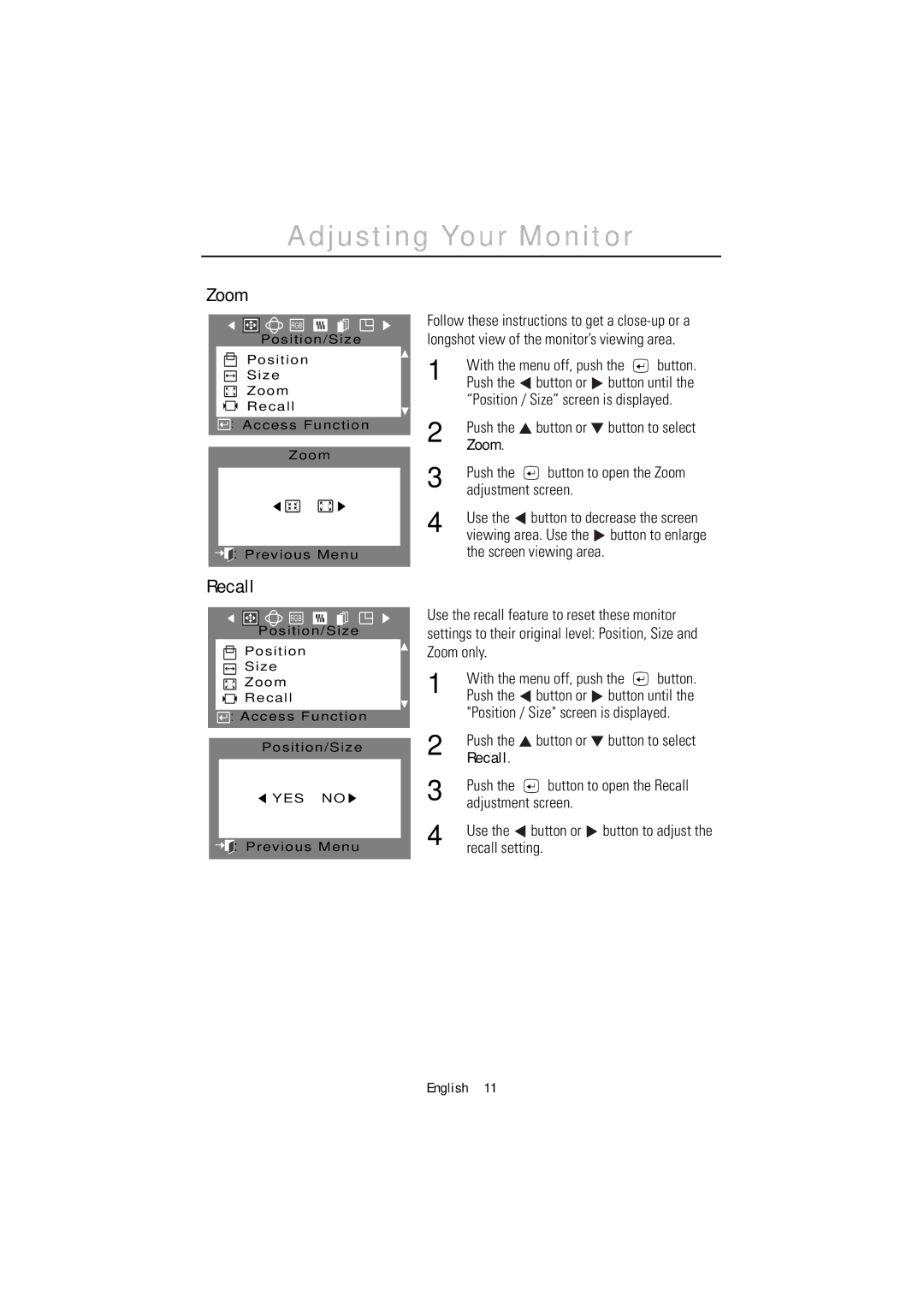 Samsung 1200NF manual Zoom, Recall 