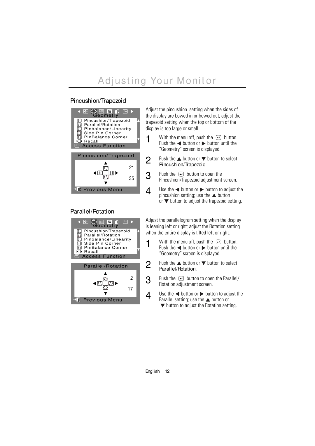 Samsung 1200NF manual Pincushion/Trapezoid, Parallel/Rotation 